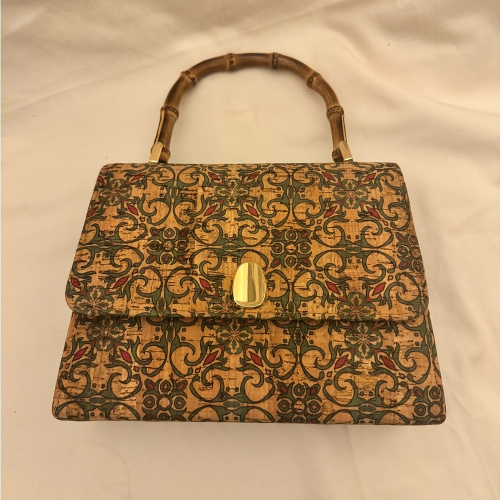 Vintage Boho Chic Savanna Handbag with Bamboo Handle and Floral Print